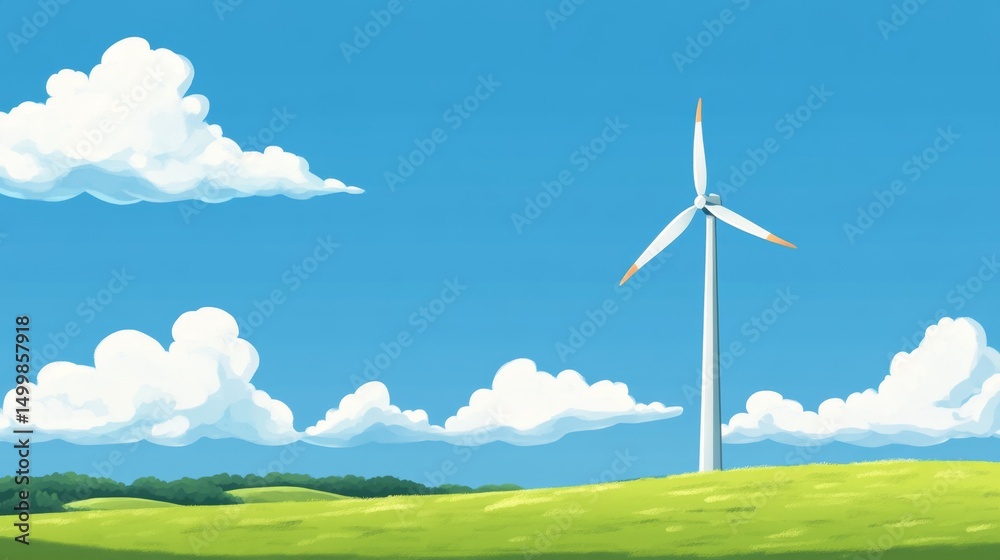 Fototapeta premium Wind turbine in a vibrant green field, symbolizing renewable energy, ample space for text integration, eco-friendly landscape