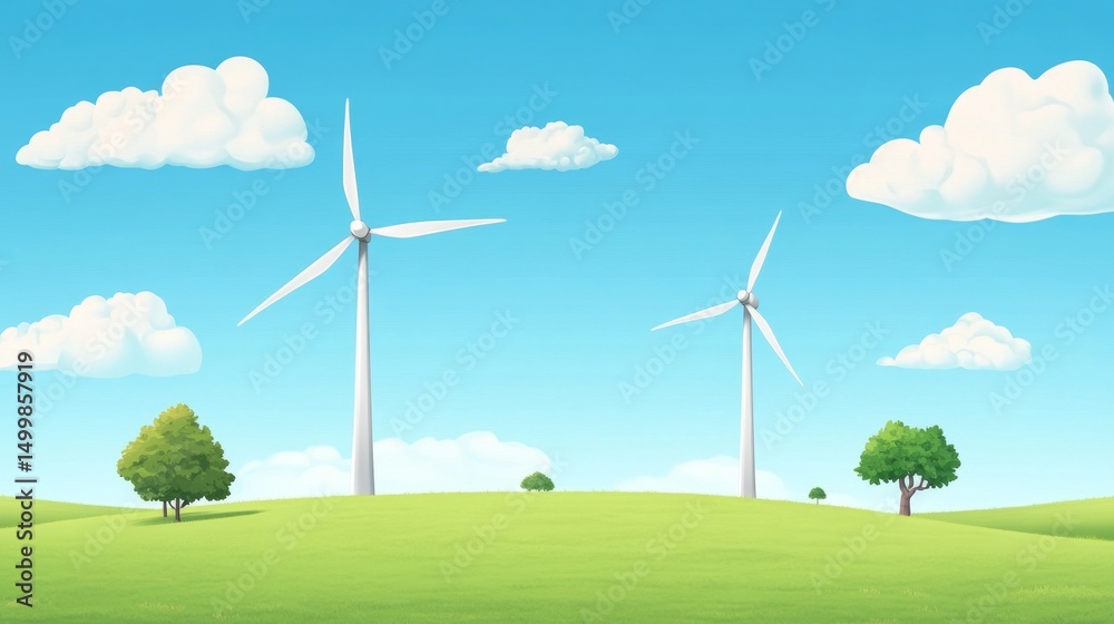 Fototapeta premium Wind Farm Serenity, expansive grassy plain under blue skies, ideal backdrop for promotional content, showcasing renewable energy innovation