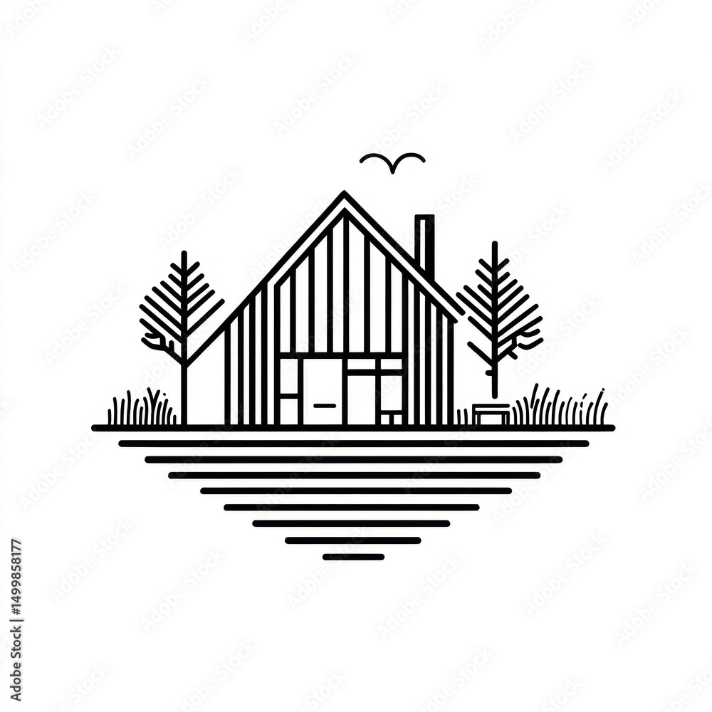 Fototapeta premium Modern house, minimalist design, countryside, bird, illustration