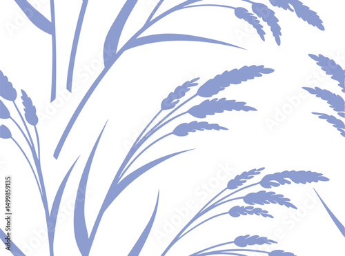 Minimal blue rice plant seamless pattern on white background, perfect for organic farming visuals, eco-friendly packaging, agricultural prints, textile designs, and nature-inspired illustrations.