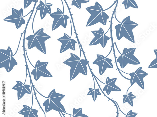 Seamless ivy vine leaf pattern with hand-drawn blue foliage on white background. Elegant botanical design perfect for fabric, wallpaper, or stationery. High-quality vector repeat artwork.