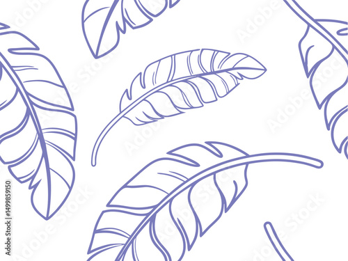 Seamless banana leaf line art pattern in violet on white background, perfect for tropical textile prints, botanical packaging, natural wall  and eco-friendly digital designs.