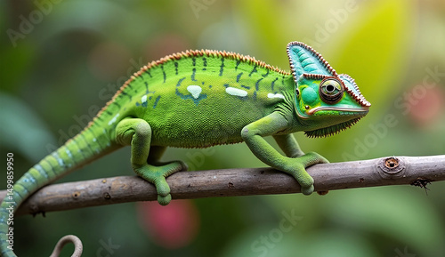 Fischer’s chameleon perched on a tree branch, showcasing its vivid colors and textured skin. A striking representation of exotic wildlife in its natural habitat photo