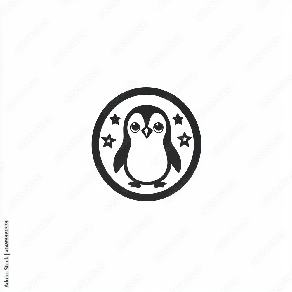 Cute penguin illustration, stars, circle, white background, kids' design Cute penguin illustration, stars, circle, white background, kids' design