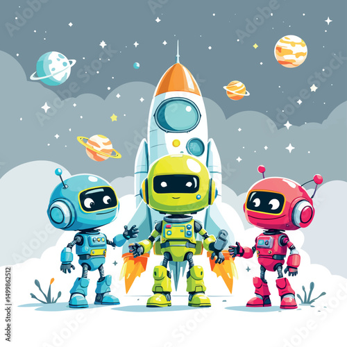 Vsai robots preparing for space mission with rocket and planets