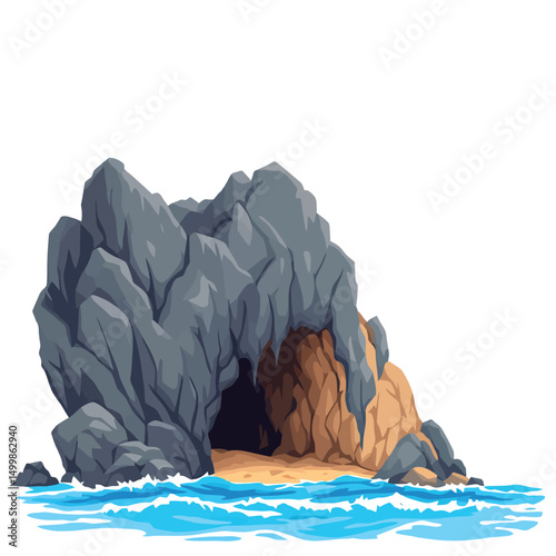 Vsai rocky island with cave hiding sandy beach and turquoise water