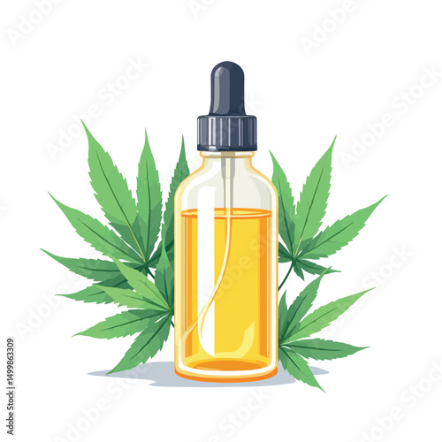 Vsai glass bottle of cannabis oil with dropper surrounded by marijuana leaves