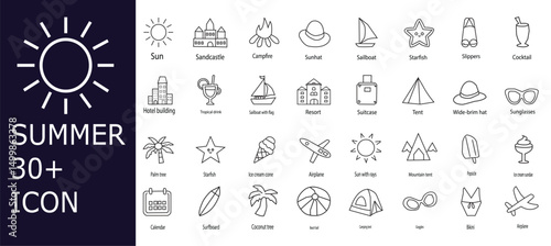 Summer icon set. Containing beach, surfing, sun, ice cream, vacation, travel, cocktail, sea, suntan, sunblock, swimsuit, coconut and more. Editable line icons. Vector illustration.