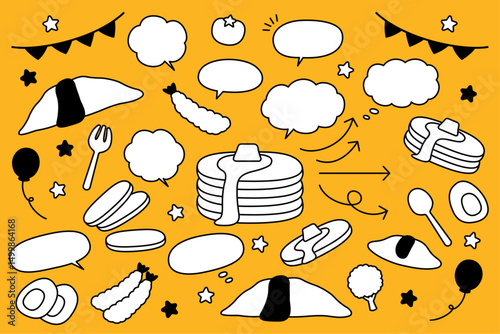 手書き風のかわいい食べ物や吹き出しと矢印のイラスト素材セット
