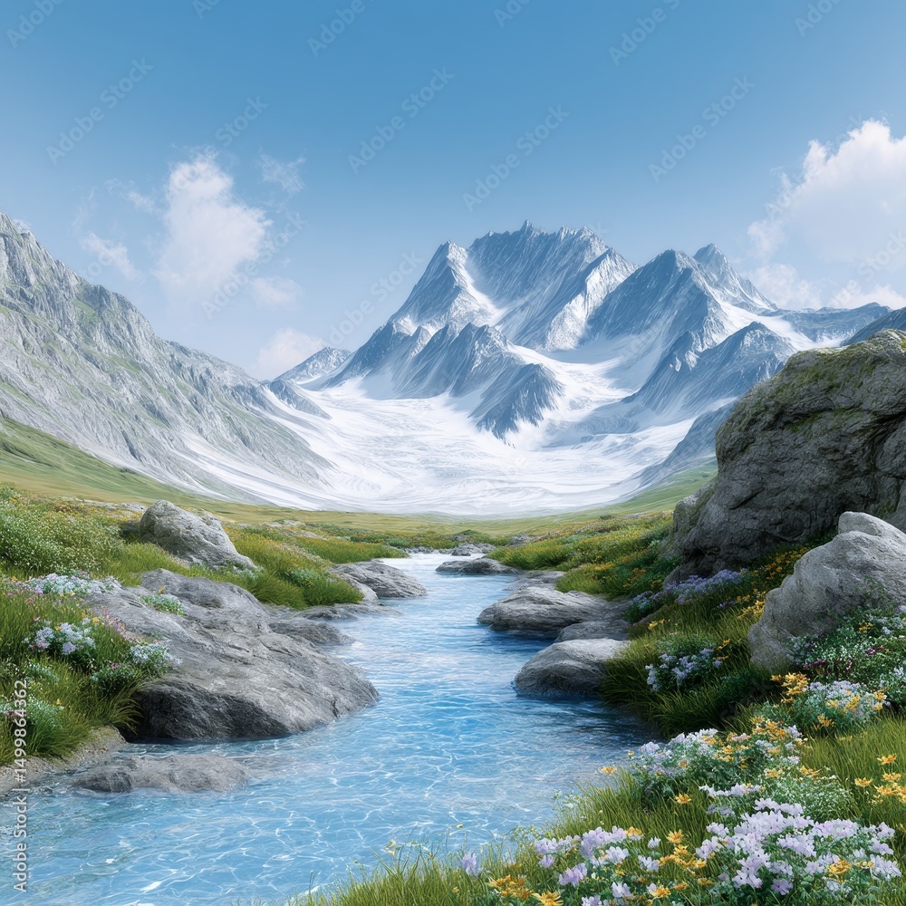 Glacial meltwater flowing through alpine landscape majestic mountains nature photography serene environment elevated viewpoint Glacial meltwater flowing through alpine landscape majestic mountains nature photography serene environment elevated viewpoint