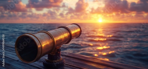 Antique Telescope at Sunrise over the Sea