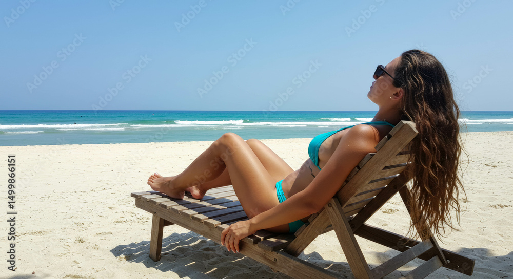 Young woman with long brown hair relaxing on a wooden lounge chair at the beach, enjoying the sun and ocean view, embodying a carefree summer lifestyle with tranquility Young woman with long brown hair relaxing on a wooden lounge chair at the beach, enjoying the sun and ocean view, embodying a carefree summer lifestyle with tranquility