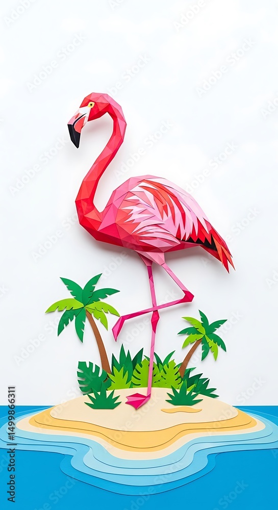 Obraz premium Pink flamingo papercraft tropical island ocean summer art design illustration exotic bird vacation art
