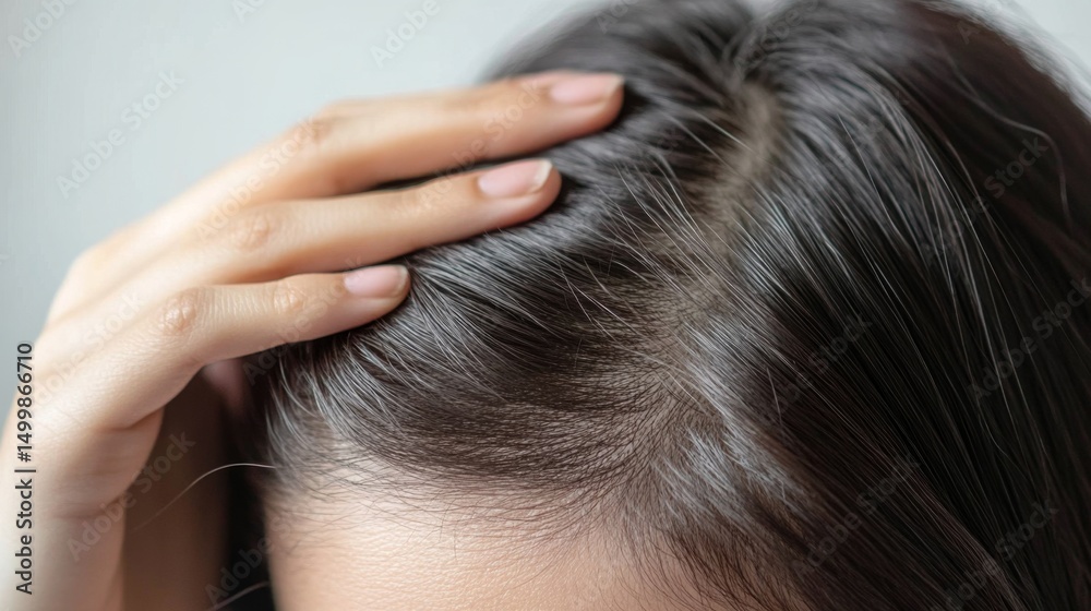 Fototapeta premium Close-Up View of Person Scratching Itchy Scalp with Hands