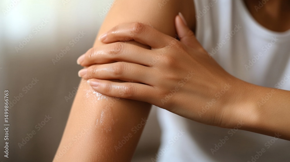 Fototapeta premium Person Scratching Itchy Skin on Arm with Moisturizer in Bright Room