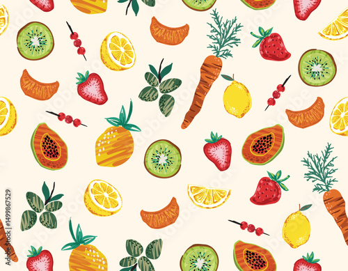 Trendy Hand drawn summer Fruits and Vegetable , Alfresco Dining seamless pattern Hand drawn Illustration Vector