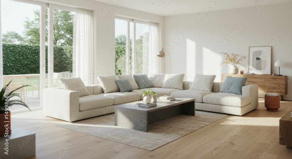 Fototapeta premium Modern Living Room with White Walls and Oak Flooring