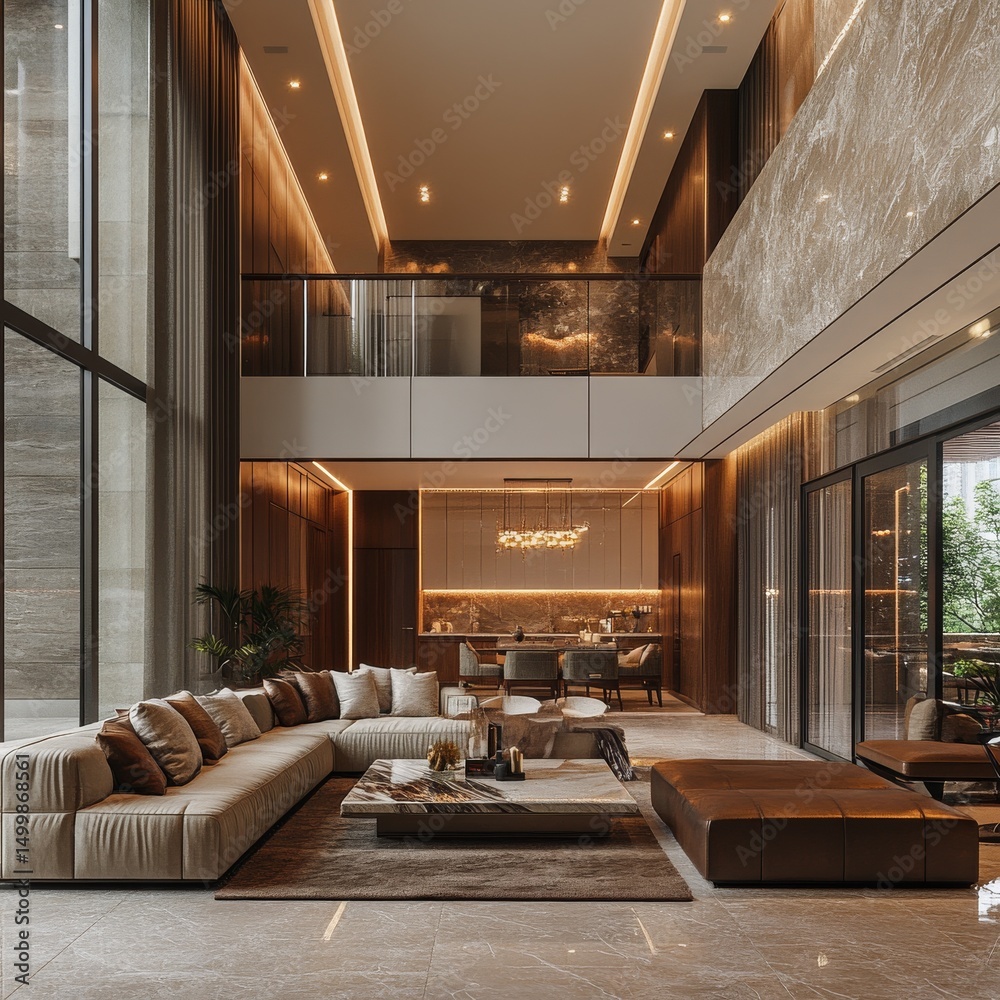 custom made wallpaper toronto digitalLuxury Living Room with Double-Height Ceiling and Open Kitchen: Modern Interior Design with Natural Stone and Warm Lighting in a Sophisticated Home.