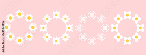 Set of round frames with white groovy daisy flowers on pink background. Retro geometric spring flowers. Clockwork simple set of flowers. For greeting card, poster, banner, social networks.