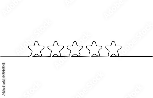 One continuous line drawing of five stars. Rating service and high quality review and feedback. Buyer experience. Customer feedback rating. E-commerce. continuous line