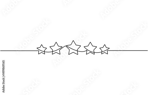 One continuous line drawing of five stars. Rating service and high quality review and feedback. Buyer experience. Customer feedback rating. E-commerce. continuous line