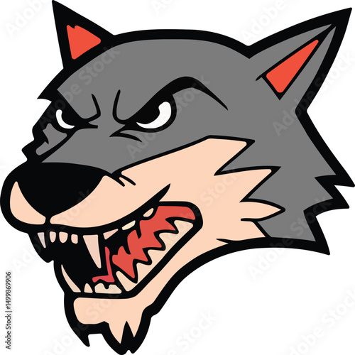 A bold and aggressive illustration of a wolf's head showcasing its fierce expression and sharp features. This design is ideal for sports teams branding