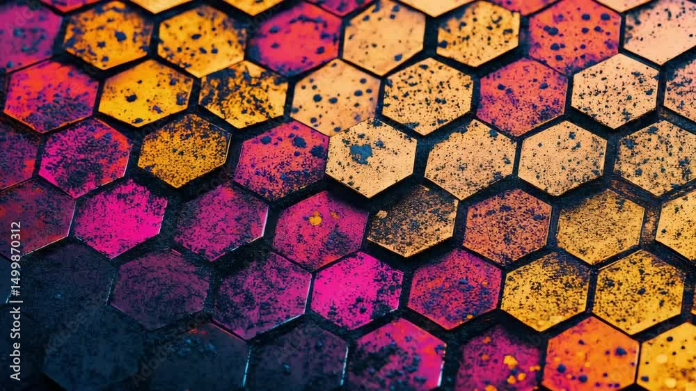 A vibrant pattern of textured hexagons in orange, pink, and blue hues with a gritty, artistic surface effect.