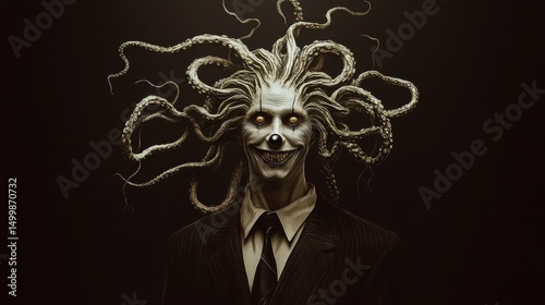 This surreal image features a spooky clown with tentacle-like hair and a menacing smile, creating a striking and unsettling visual experience that captivates viewers.