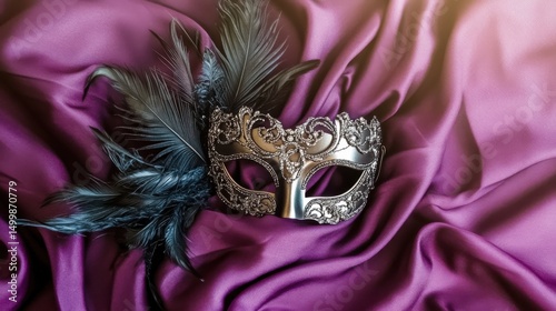 An elegant silver masquerade mask with feathers rests gracefully on rich purple fabric, embodying themes of mystery, elegance, and artistic charm in a stunning visual display.