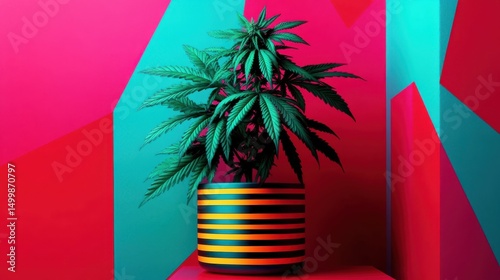 This vivid image showcases a cannabis plant in a modern striped pot, beautifully contrasting with bright geometric backgrounds, creating an eye-catching aesthetic.