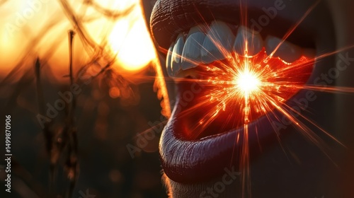 An intriguing image portraying a mouth that releases a burst of light, symbolizing expression and energy, set against a dramatic sunset backdrop, merging natural beauty with artistry.