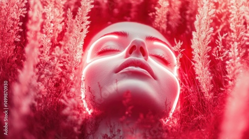 A mesmerizing close-up of a woman's face glowing in red tones, immersed within a field of sumptuous grass, evoking sensations of creativity, passion, and the beauty of nature.