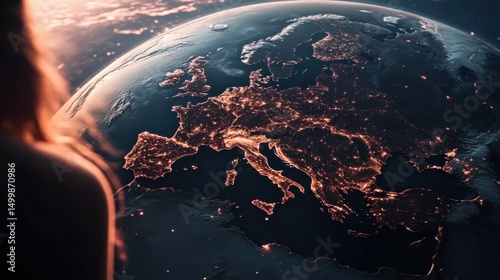 An awe-inspiring view of Europe illuminated at night from space highlights the vibrant lights of cities, symbolizing the interconnectedness of humanity and the wonders of our planet.
