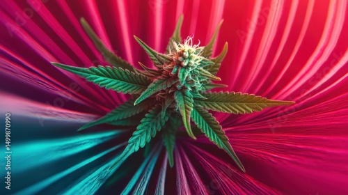 A striking close-up of a cannabis flower against a vivid, colorful backdrop, highlighting its intricate details and vibrant colors, showcasing its natural beauty and allure.