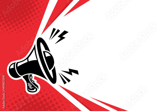 Loudspeaker, megaphone with lightings on red background. Vector template for copy you text in pop art style