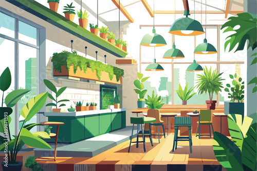 Empty no people eco-friendly cafe cozy design interior with green pants in pots vector illustration