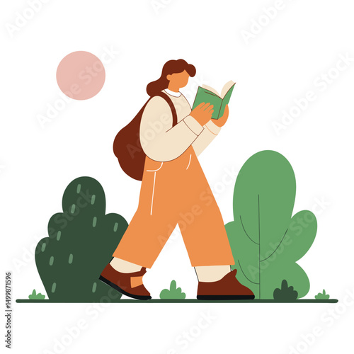 girl walking and reading book, vector 