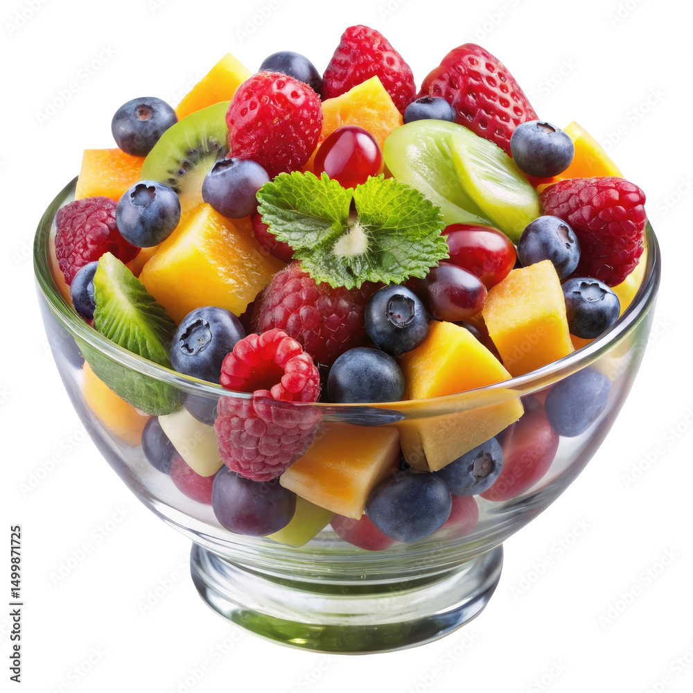 Colorful Fresh Fruit Salad in Glass Bowl isolated on transparent white background, clipping path Colorful Fresh Fruit Salad in Glass Bowl isolated on transparent white background, clipping path