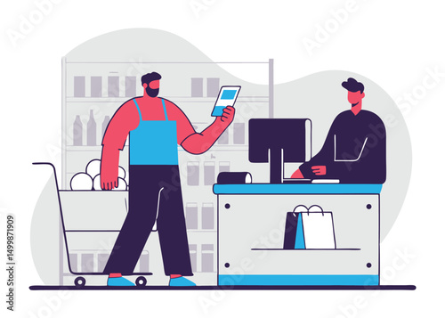 man doing purchases from shopping list, customer with package, buying goods, vector 