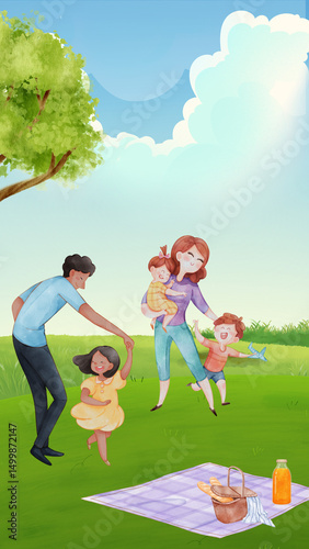 Happy little family having a picnic in the park