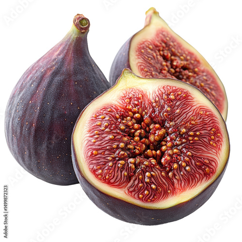 A close up of fresh figs with one cut open showing the red inside flesh on transparent background
