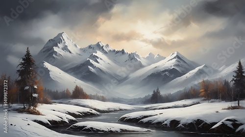 Majestic winter mountain range serene river valley