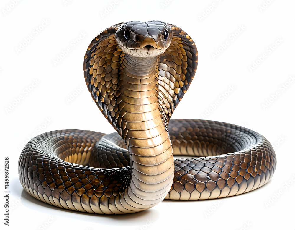 Fototapeta premium Majestic Cobra in Close-Up: A detailed, photorealistic image showcases a cobra in a dynamic pose, its hood fully expanded. The snake's scales and eyes capture attention.