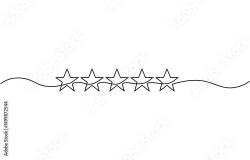 One continuous line drawing of five stars. Rating service and high quality review and feedback. Buyer experience. Customer feedback rating. E-commerce. continuous line