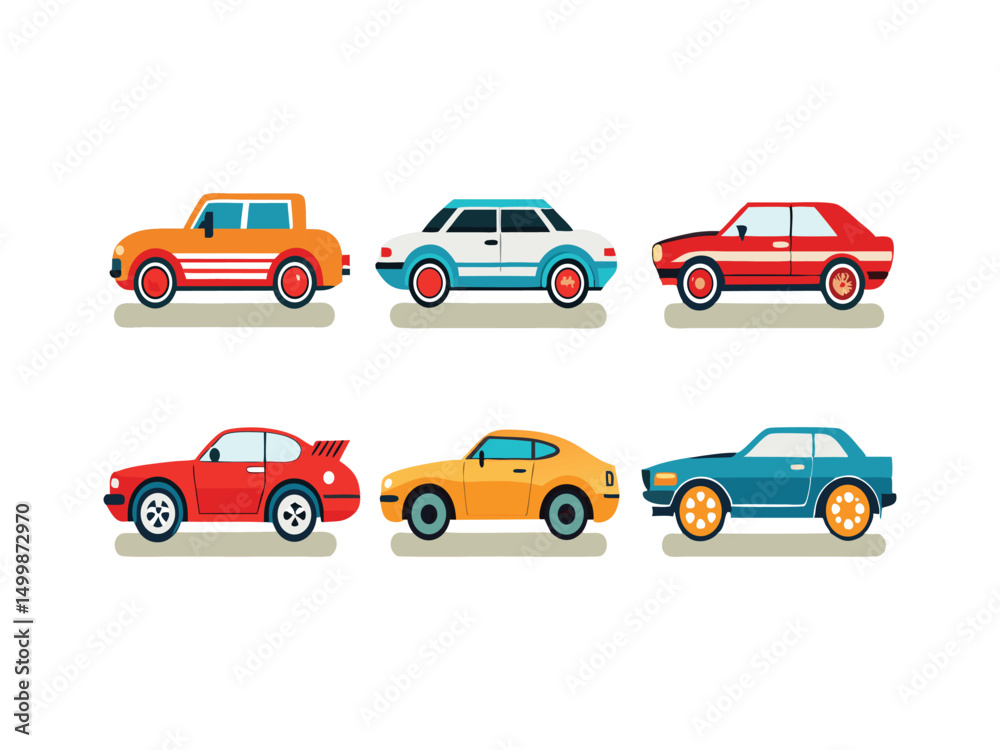 Collection of six colorful cartoon cars side view
Collection of six colorful cartoon cars side view