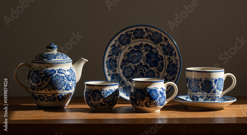 Blue ceramic tea set with floral pattern in Gzhel style, in warm sunlight photo