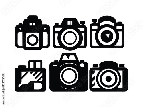 Collection of six black and white camera icons
