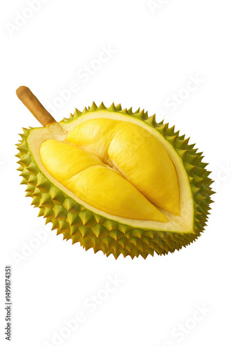 Fresh durian fruit with spiky green exterior and creamy yellow flesh, known for its strong aroma and unique flavor