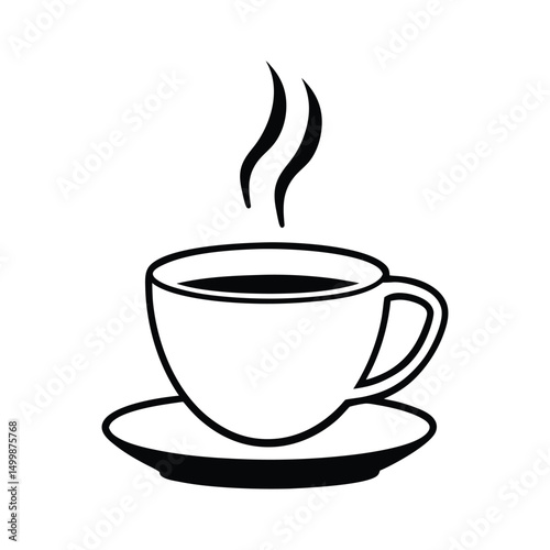 Minimalist Line Art of a Steaming Coffee Cup on Saucer