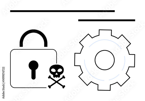 Lock and skull signifying cyber threats, gear symbolizing system operations. Ideal for security, hacking, IT systems, network protection, software vulnerabilities, data breaches, simple landing page